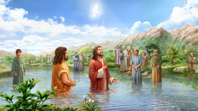 约翰正在约旦河里为人施洗,耶稣前来要约翰为祂施洗